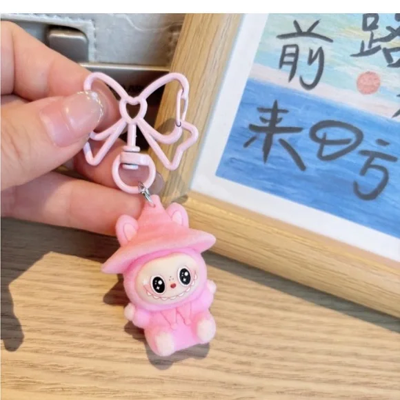 NWT! Labubu Pink Mini Flocking Fuzzy Keychain Bag Backpack Charm - Picture 1 of 2